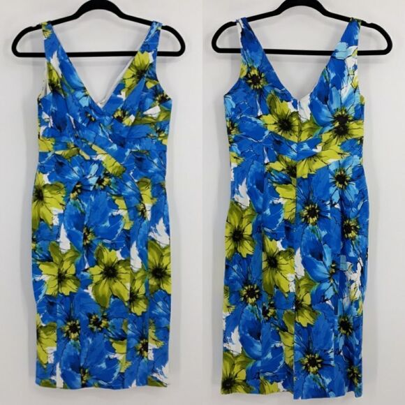 Jones New York Dress Panel Bodycon Sleeveless Tropical Floral Blue Sz 4 - Picture 1 of 13